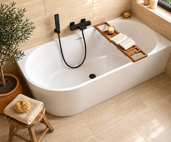 OTITEC - Baignoire d'angle gauche avec vidage - 170 x 75 cm - Blanc brillant avec bonde noire - LUXA - large