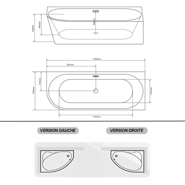 OTITEC - Baignoire d'angle gauche avec vidage - 160 x 75 x 61 cm - Blanc brillant avec bonde noire - LUXA - large