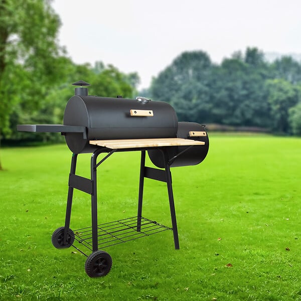 ELEM GARDEN TECHNIC - Barbecue charbon de bois, fumoir avec roues et thermomètre, surface de cuisson 59x25.5cm - large