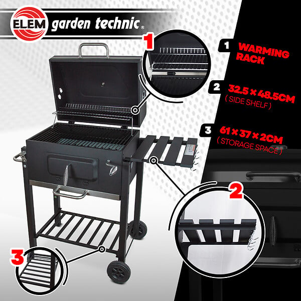 ELEM GARDEN TECHNIC - Barbecue charbon de bois avec roues et thermomètre, surface de cuisson 55x41.6cm - large