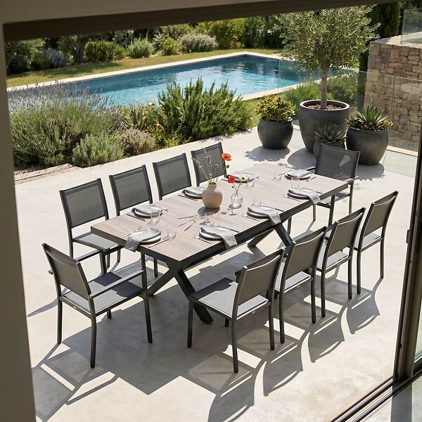 OVIALA - Table extensible aluminium et céramique avec 10 chaises - Tivoli - large
