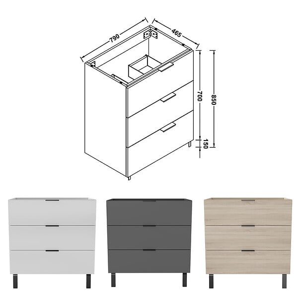 AICA SANITAIRE - AICA Meuble de salle de bain mural avec pieds, sans lavabo, 80 cm, 3 tiroirs - Blanc - large