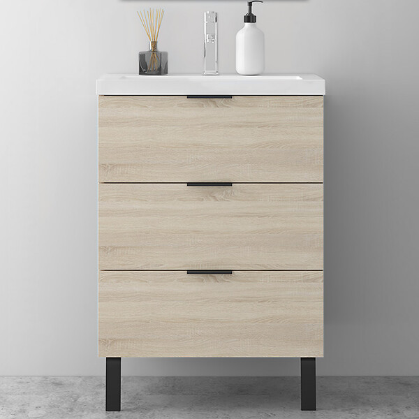 AICA SANITAIRE - AICA Meuble de salle de bain mural avec pieds, sans lavabo, 60 cm, 3 tiroirs - Chêne - large