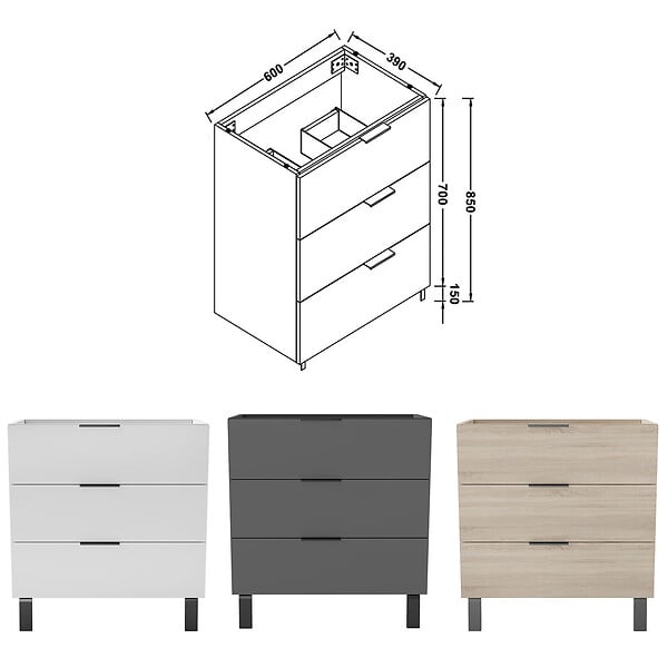AICA SANITAIRE - AICA Meuble de salle de bain mural avec pieds, sans lavabo, 60 cm, 3 tiroirs - Chêne - large