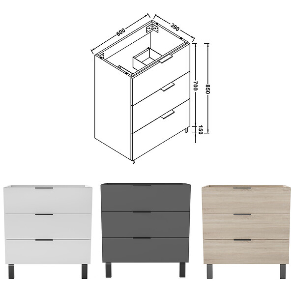 AICA SANITAIRE - AICA Meuble de salle de bain mural avec pieds, sans lavabo, 60 cm, 3 tiroirs - Anthracite - large