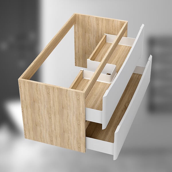 AICA SANITAIRE - AICA Meuble de salle de bain suspendu 100 cm Brillant + 2 tiroirs, Blanc et Chêne - sans compter vasque - large