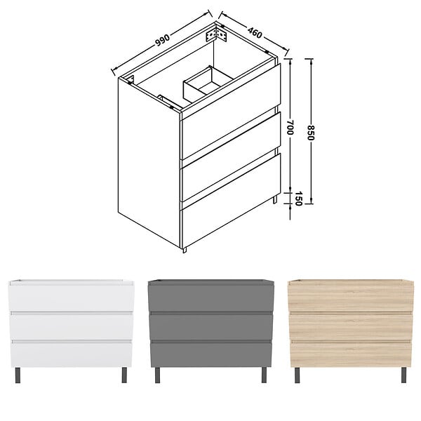 AICA SANITAIRE - AICA Meuble de Salle de Bain 100cm avec 3 tiroirs + 2 Pieds, Meuble sans vasque, Chêne - large