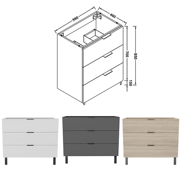 AICA SANITAIRE - AICA Meuble de salle de bain mural avec pieds, sans lavabo, 100 cm, 3 tiroirs - Anthracite - large