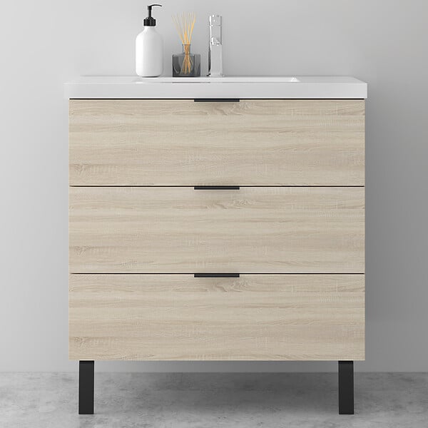 AICA SANITAIRE - AICA Meuble de salle de bain mural avec pieds, sans lavabo, 80 cm, 3 tiroirs - Chêne - large