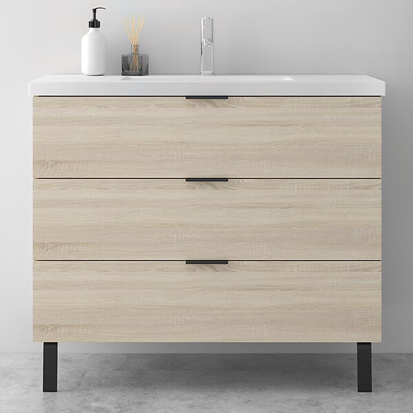 AICA SANITAIRE - AICA Meuble de salle de bain mural avec pieds, sans lavabo, 100 cm, 3 tiroirs - Chêne - large