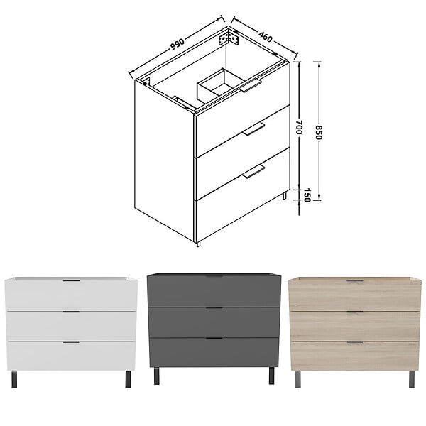 AICA SANITAIRE - AICA Meuble de salle de bain mural avec pieds, sans lavabo, 100 cm, 3 tiroirs - Chêne - large
