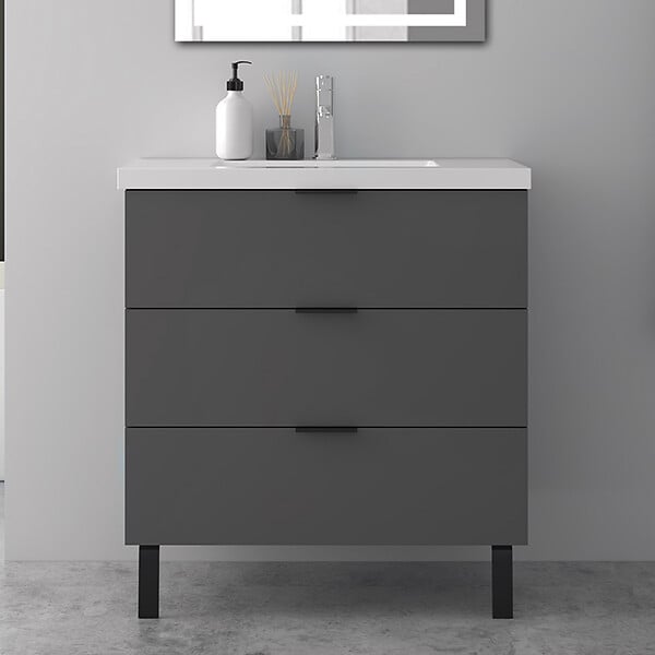 AICA SANITAIRE - AICA Meuble de salle de bain mural avec pieds, sans lavabo, 80 cm, 3 tiroirs - Anthracite - large