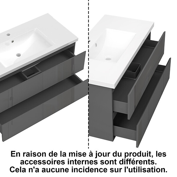 AICA SANITAIRE - AICA Meuble de salle de bain design suspendu, 100 cm, 2 tiroirs de rangement sans lavabo - Anthracite brillant - large