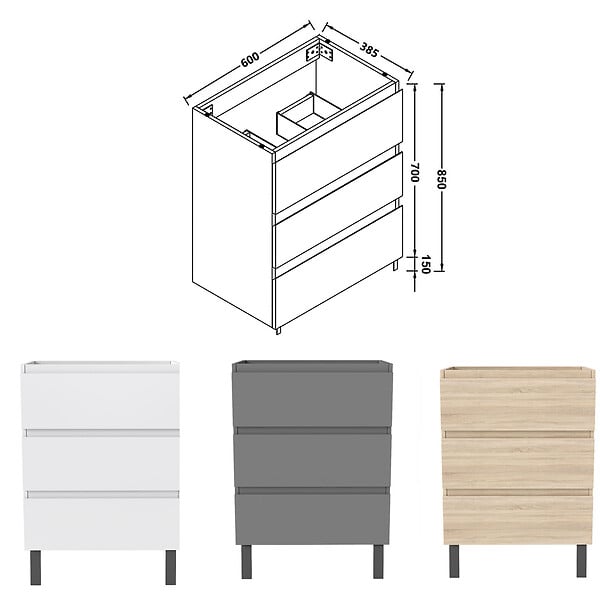 AICA SANITAIRE - AICA Meuble de Salle de Bain 60cm avec 3 tiroirs + 2 Pieds, Meuble sans vasque, Chêne - large
