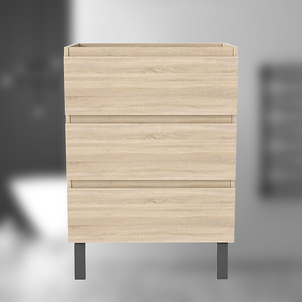 AICA SANITAIRE - AICA Meuble de Salle de Bain 60cm avec 3 tiroirs + 2 Pieds, Meuble sans vasque, Chêne - large