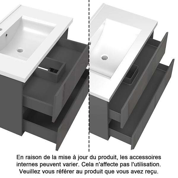 AICA SANITAIRE - AICA Meuble de salle de bain design suspendu, 80 cm, 2 tiroirs de rangement sans lavabo - Anthracite brillant - large