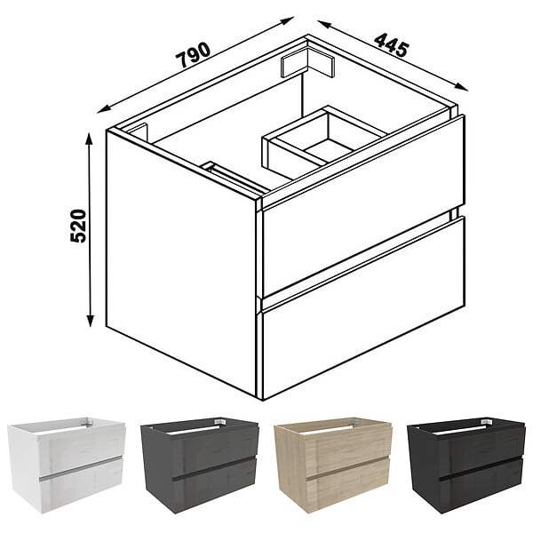 AICA SANITAIRE - AICA Meuble de salle de bain design suspendu, 80 cm, 2 tiroirs de rangement sans lavabo - Anthracite brillant - large