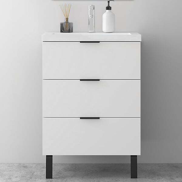 AICA SANITAIRE - AICA Meuble de salle de bain mural avec pieds, sans lavabo, 60 cm, 3 tiroirs - Blanc - large