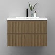 AICA SANITAIRE - Meuble de salle de bain suspendu Strié 80cm avec simple vasque + 2 tiroirs, Noyer - vignette
