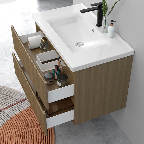 AICA SANITAIRE - Meuble de salle de bain suspendu Strié 80cm avec simple vasque + 2 tiroirs, Noyer - large