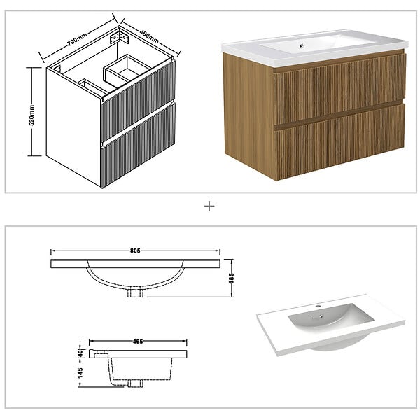 AICA SANITAIRE - Meuble de salle de bain suspendu Strié 80cm avec simple vasque + 2 tiroirs, Noyer - large