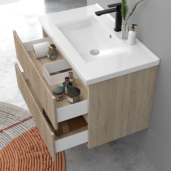 AICA SANITAIRE - Meuble de salle de bain suspendu Strié 80cm avec simple vasque + 2 tiroirs, Chêne - large