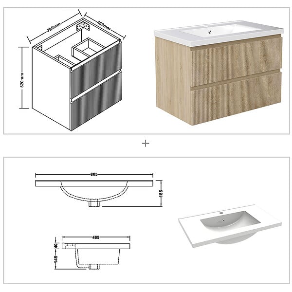 AICA SANITAIRE - Meuble de salle de bain suspendu Strié 80cm avec simple vasque + 2 tiroirs, Chêne - large