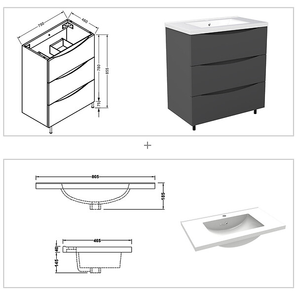 AICA SANITAIRE - Meuble de salle de bain suspendu 80cm avec simple vasque + 3 tiroirs, Anthracite - large