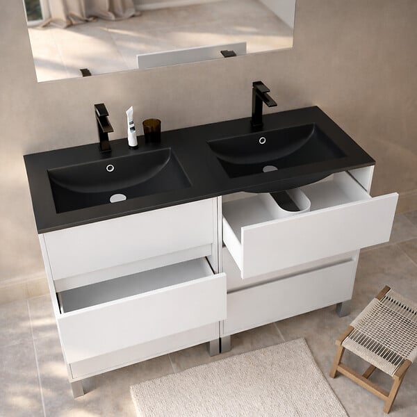 AURLANE - Meuble de salle de bains 120cm Blanc 6 Tiroirs et Vasque Double Céramique Noire - XENOS - large
