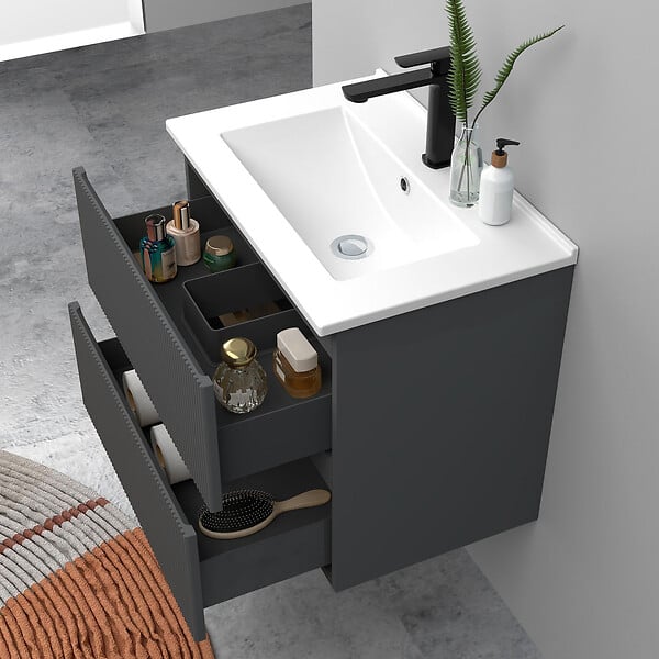 AICA SANITAIRE - Meuble de salle de bain suspendu Strié 60cm avec simple vasque + 2 tiroirs, Anthracite - large