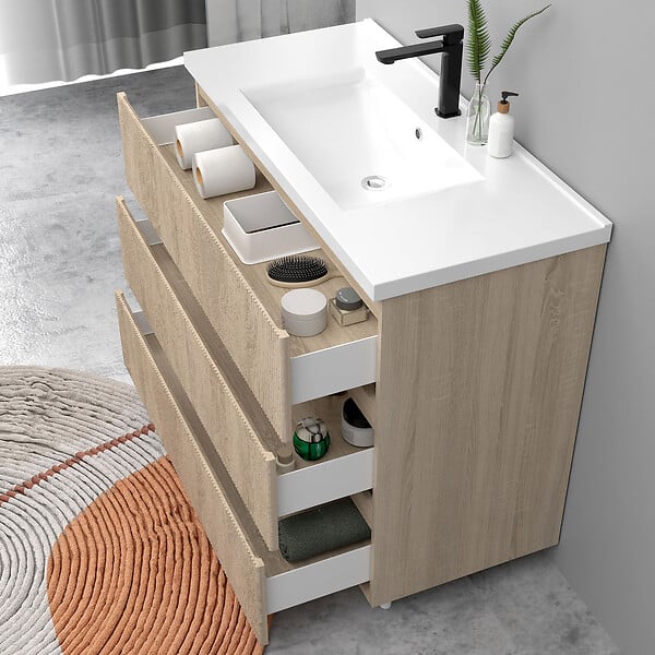 AICA SANITAIRE - Meuble de salle de bain suspendu Strié 100cm avec simple vasque + 3 tiroirs, Chêne - large