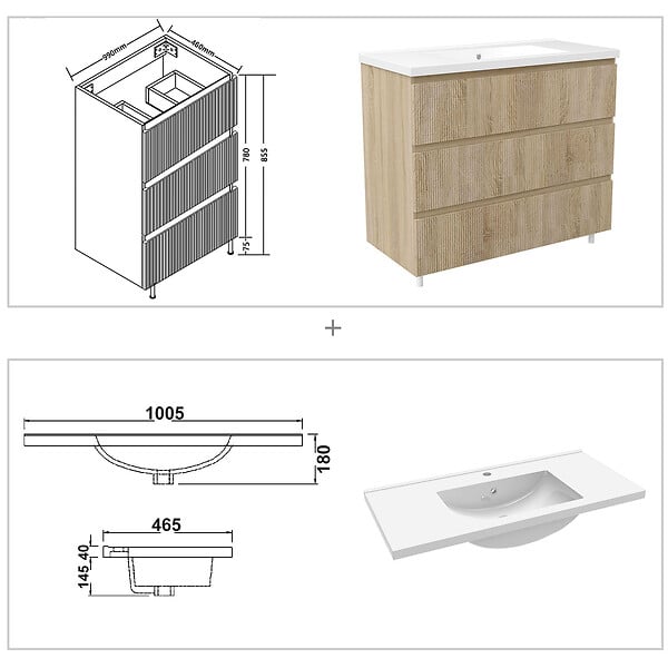 AICA SANITAIRE - Meuble de salle de bain suspendu Strié 100cm avec simple vasque + 3 tiroirs, Chêne - large