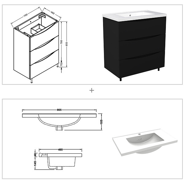 AICA SANITAIRE - Meuble de salle de bain suspendu 80cm avec simple vasque + 3 tiroirs, Noir - large