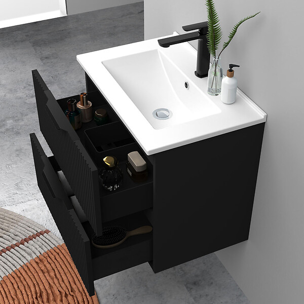 AICA SANITAIRE - Meuble de salle de bain suspendu Strié 60cm avec poignées + simple vasque + 2 tiroirs, Noir - large