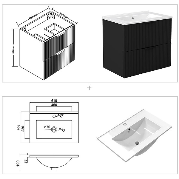 AICA SANITAIRE - Meuble de salle de bain suspendu Strié 60cm avec poignées + simple vasque + 2 tiroirs, Noir - large