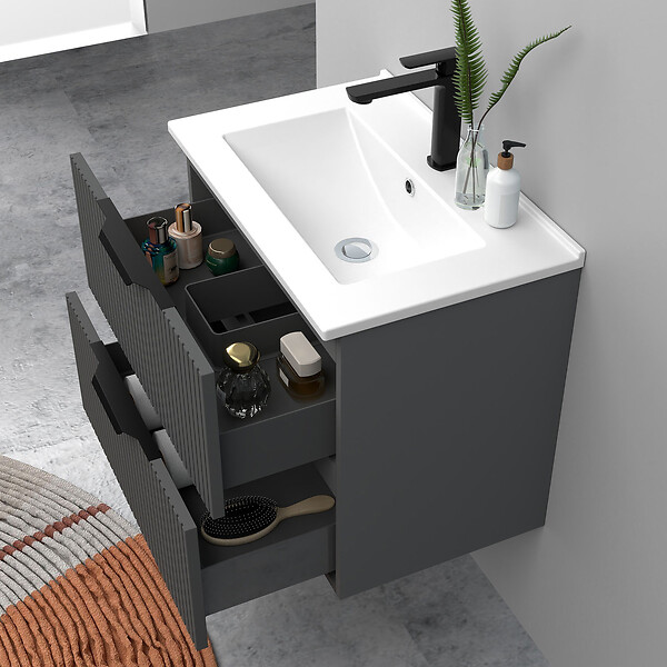 AICA SANITAIRE - Meuble de salle de bain suspendu Strié 60cm avec poignées + simple vasque + 2 tiroirs, Anthracite - large