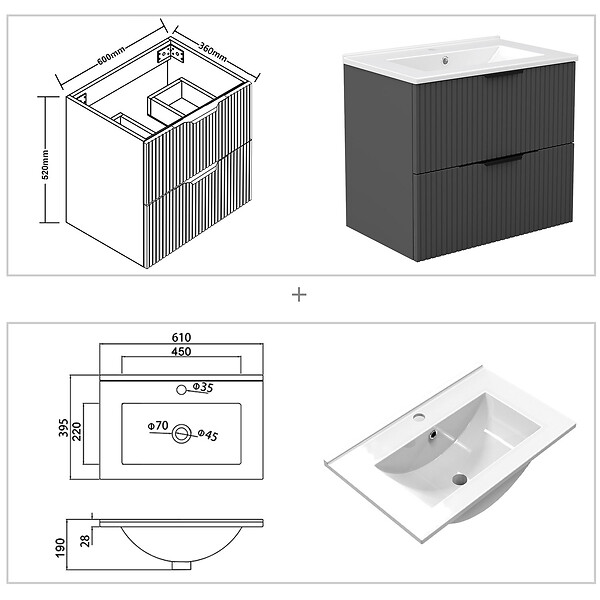 AICA SANITAIRE - Meuble de salle de bain suspendu Strié 60cm avec poignées + simple vasque + 2 tiroirs, Anthracite - large