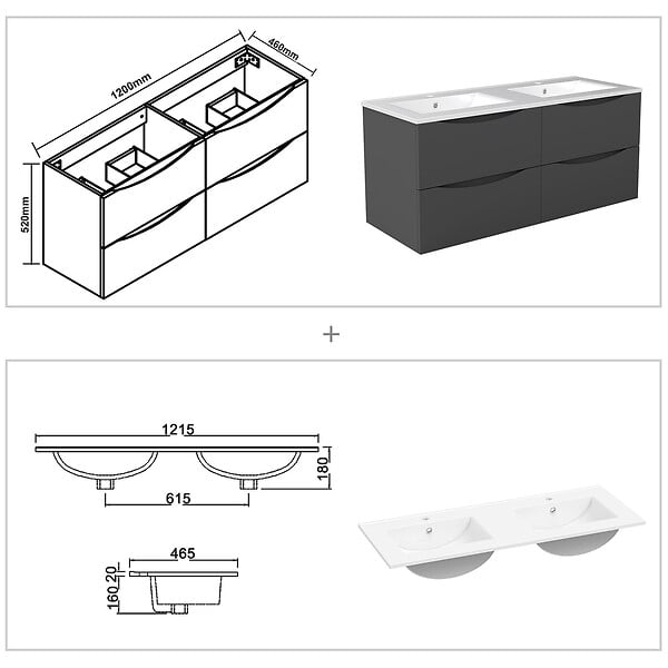 AICA SANITAIRE - Meuble de salle de bain suspendu 120cm avec double vasque + 4 tiroirs, Anthracite - large