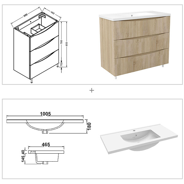 AICA SANITAIRE - Meuble de salle de bain suspendu 100cm avec simple vasque + 3 tiroirs, Chêne - large