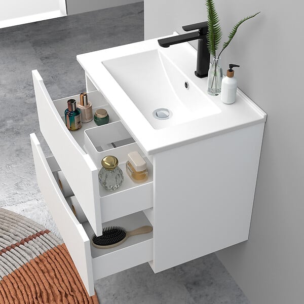AICA SANITAIRE - Meuble de salle de bain suspendu 60cm avec simple vasque + 2 tiroirs, Blanc - large