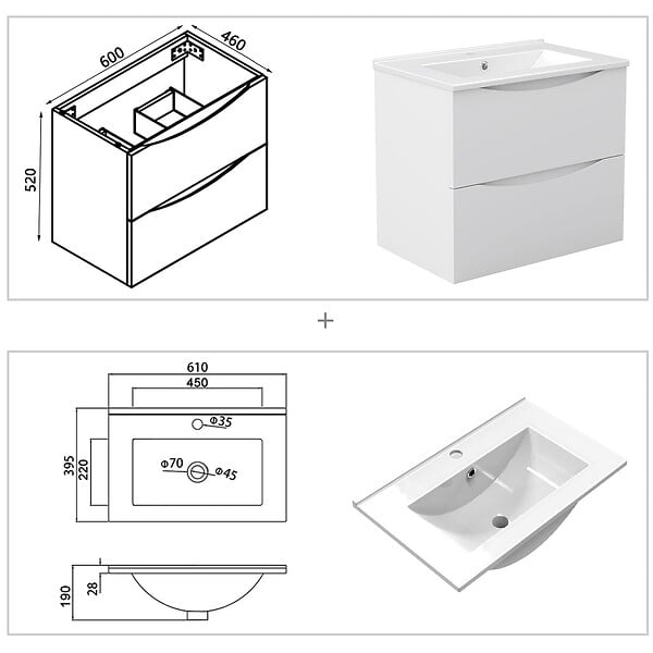 AICA SANITAIRE - Meuble de salle de bain suspendu 60cm avec simple vasque + 2 tiroirs, Blanc - large