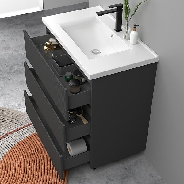 AICA SANITAIRE - Meuble de salle de bain suspendu Strié 80cm avec simple vasque + 3 tiroirs, Anthracite - large