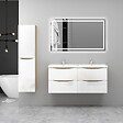 AICA SANITAIRE - AICA Ensemble Meuble Salle de Bain Brillant Suspendu 120cm, Blanc + Chêne, Meuble 4 tiroirs + Lavabo + Miroir LED + Colonne - vignette