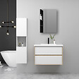 AICA SANITAIRE - AICA Ensemble Meuble Salle de Bain Suspendu 80cm, Blanc + Chêne, Meuble 2 tiroirs + Lavabo + Armoire salle de bain avec miroir + Colonne haute - vignette