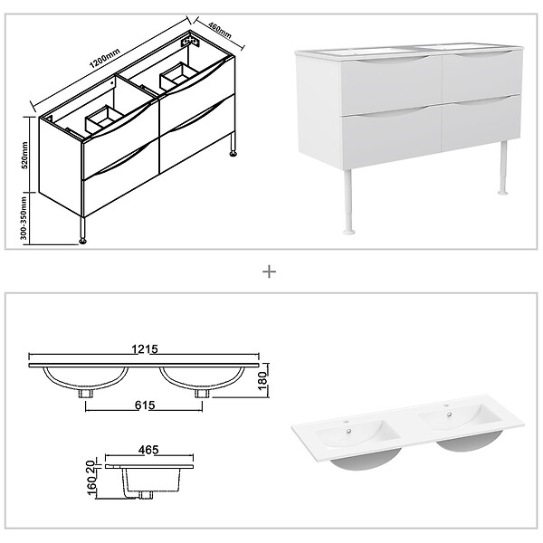 AICA SANITAIRE - Meuble de salle de bain suspendu 120cm avec pieds + double vasque + 4 tiroirs, Blanc - large