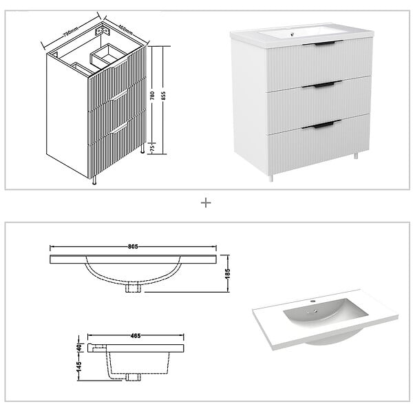 AICA SANITAIRE - Meuble de salle de bain suspendu Strié 80cm avec poignées + simple vasque + 3 tiroirs, Blanc - large
