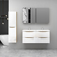 AICA SANITAIRE - AICA Ensemble Meuble Salle de Bain Brillant Suspendu 120cm, Blanc + Chêne, Meuble 4 tiroirs + Lavabo + Armoire salle de bain avec miroir + Colonne - vignette