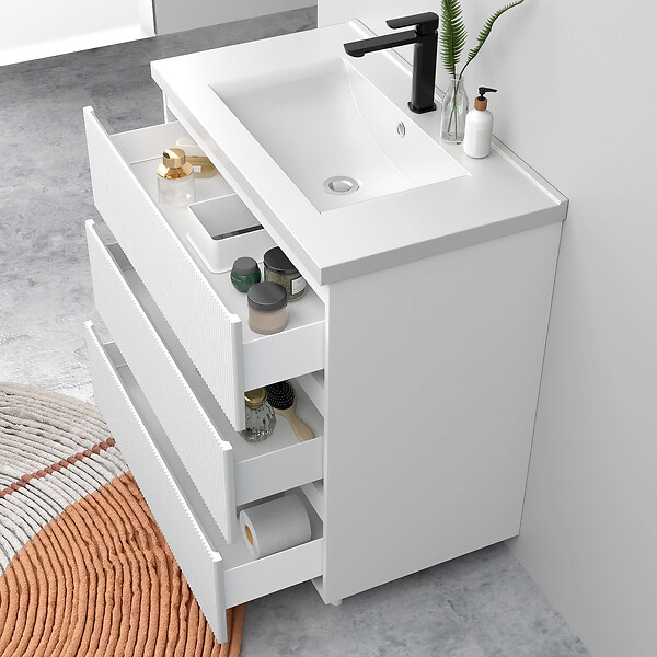 AICA SANITAIRE - Meuble de salle de bain suspendu Strié 80cm avec simple vasque + 3 tiroirs, Blanc - large