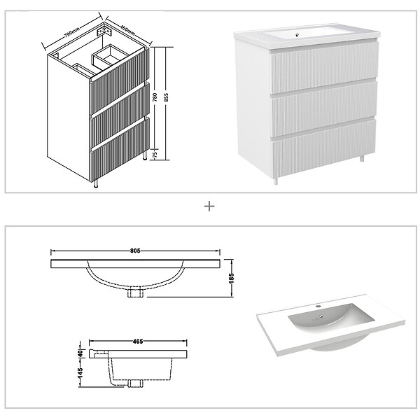 AICA SANITAIRE - Meuble de salle de bain suspendu Strié 80cm avec simple vasque + 3 tiroirs, Blanc - large