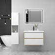 AICA SANITAIRE - AICA Ensemble Meuble Salle de Bain Suspendu 80cm, Blanc + Chêne, Meuble 2 tiroirs + Lavabo + Miroir LED + Colonne haute - vignette